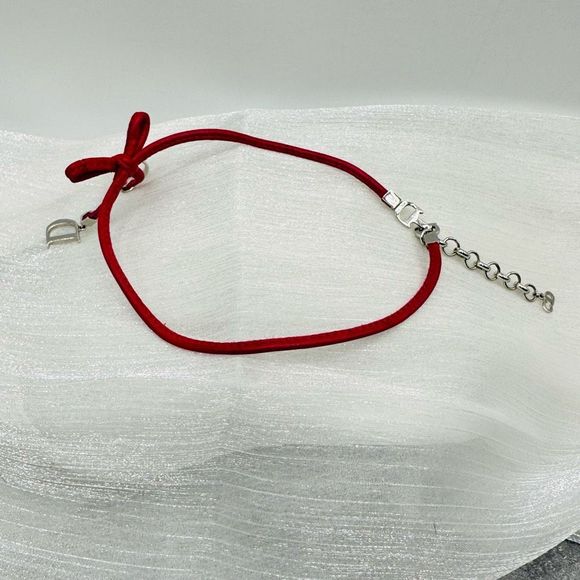 Dior Hot Pink/Red Leather Bow Silver CD Logo Necklace - Picture 5 of 8
